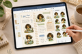 Watercolor Cute Girl & Cat Digital 12 Stickers Pack