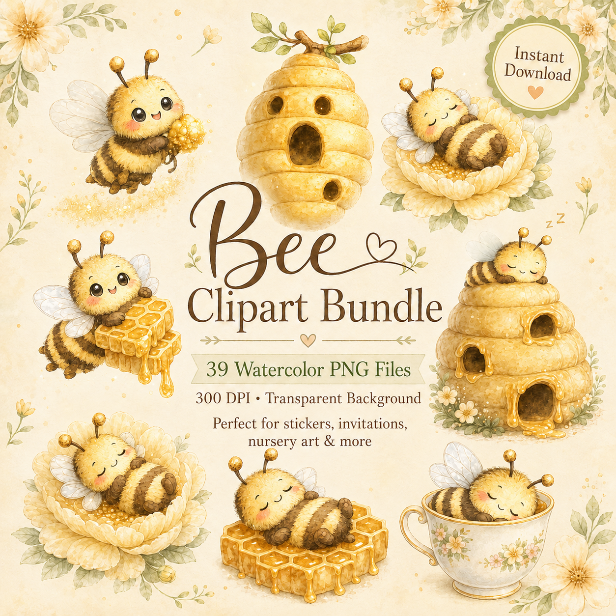 39 Watercolor Bee Clipart Bundle – Transparent PNG